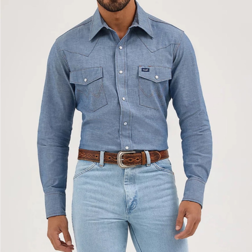 Wrangler COWBOY CUT® LONG SLEEVE WESTERN SNAP CHAMBRAY WORK SHIRT Size Large